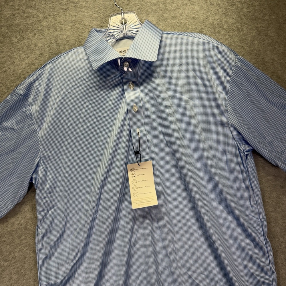 Collars & Co Dress Collar Polo Shirt Mens LT Blue Houndstooth Performance